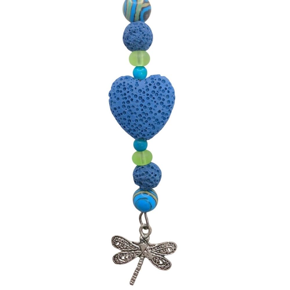 Dragonfly Beaded Bag Charm Artisan Blue Heart Lava Stone Diffuser Glass Keychain